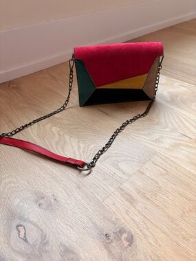 Colorblock Suede Crossbody Bag in Red and Multi-Color